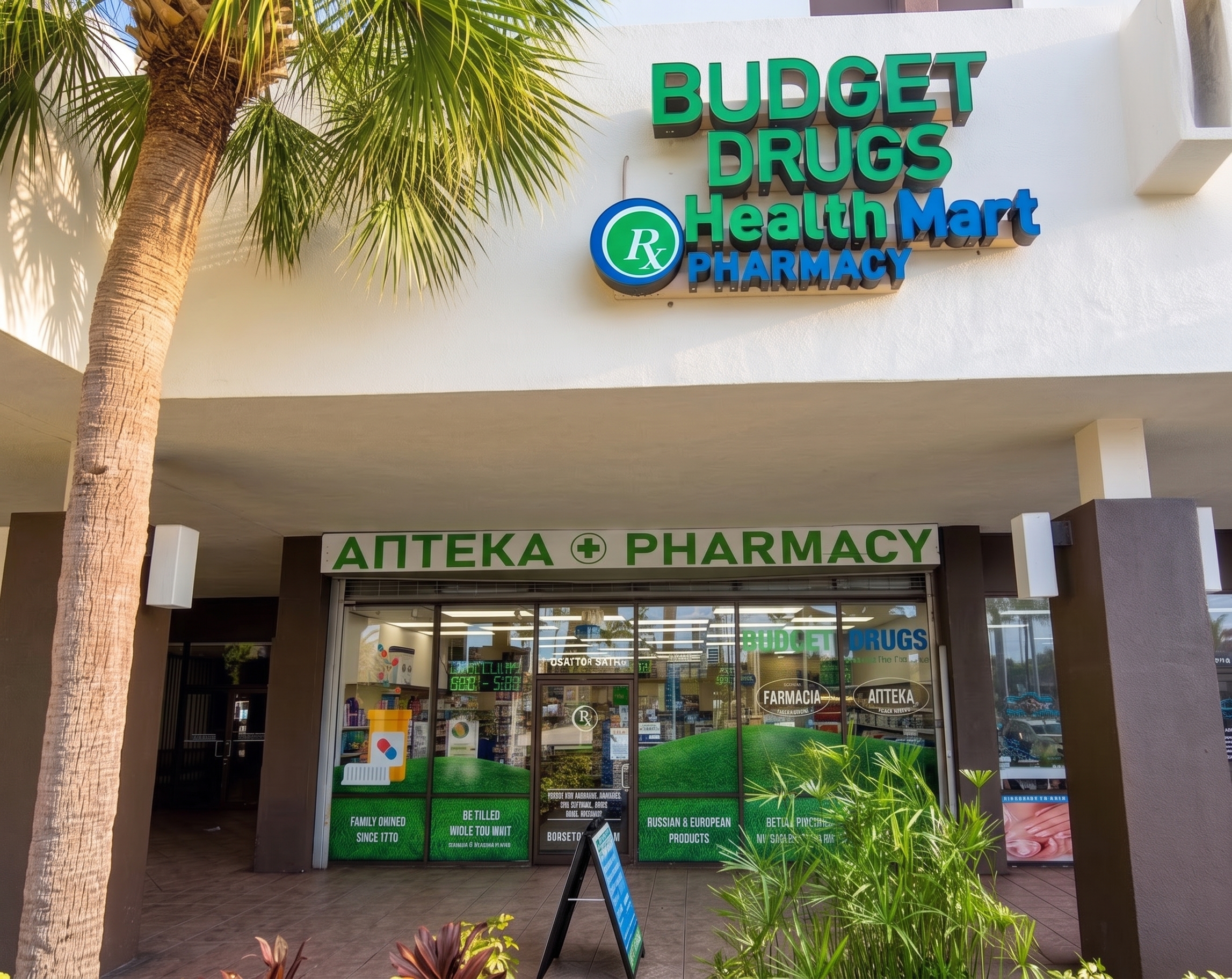 Budget Drugs Pharmacy storefront at 2500 E Hallandale Beach Blvd, a family-owned pharmacy in Hallandale Beach, FL